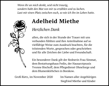 Traueranzeige von Adelheid Miethe von Märkische Oderzeitung