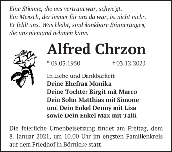 Traueranzeige von Alfred Chrzon von Märkische Oderzeitung