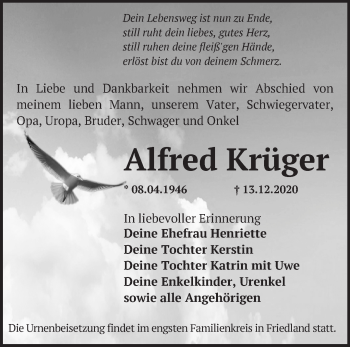 Traueranzeige von Alfred Krüger von Märkische Oderzeitung