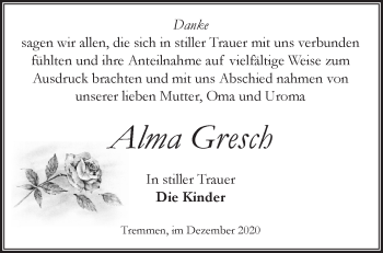 Traueranzeige von Alma Gresch von Märkische Oderzeitung