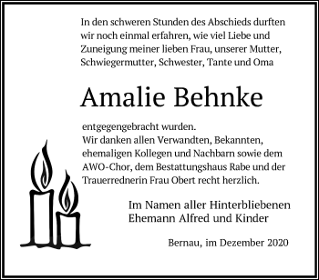 Traueranzeige von Amalie Behnke von Märkische Oderzeitung