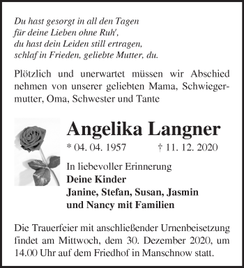 Traueranzeige von Angelika Langner von Märkische Oderzeitung