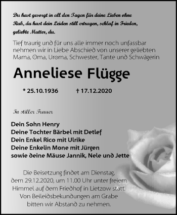 Traueranzeige von Anneliese Flügge von Märkische Oderzeitung