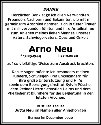 Traueranzeige von Arno Neu von Märkische Oderzeitung