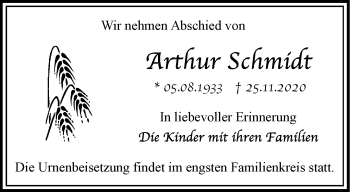 Traueranzeige von Arthur Schmidt von Märkische Oderzeitung