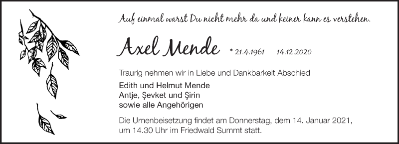  Traueranzeige für Axel Mende vom 19.12.2020 aus Märkische Oderzeitung