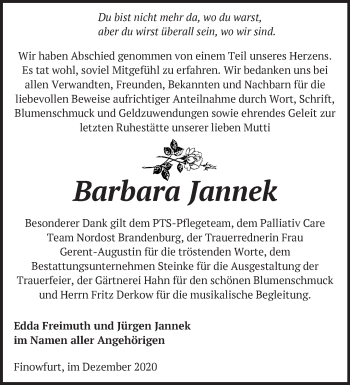 Traueranzeige von Barbara Jannek von Märkische Oderzeitung