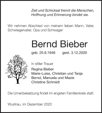 Traueranzeige von Bernd Bieber von Märkische Oderzeitung