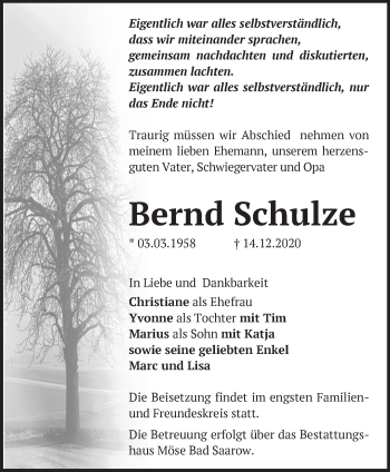 Traueranzeige von Bernd Schulze von Märkische Oderzeitung