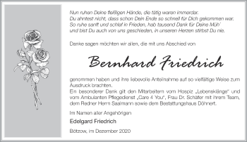 Traueranzeige von Bernhard Friedrich von Märkische Oderzeitung