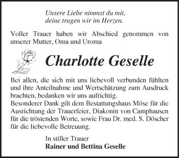 Traueranzeige von Charlotte Geselle von Märkische Oderzeitung