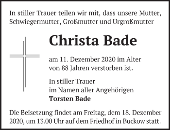 Traueranzeige von Christa Bade von Märkische Oderzeitung