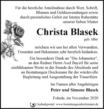 Traueranzeige von Christa Blasek von Märkische Oderzeitung