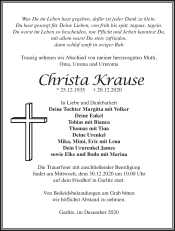 Traueranzeige von Christa Krause von Märkische Oderzeitung