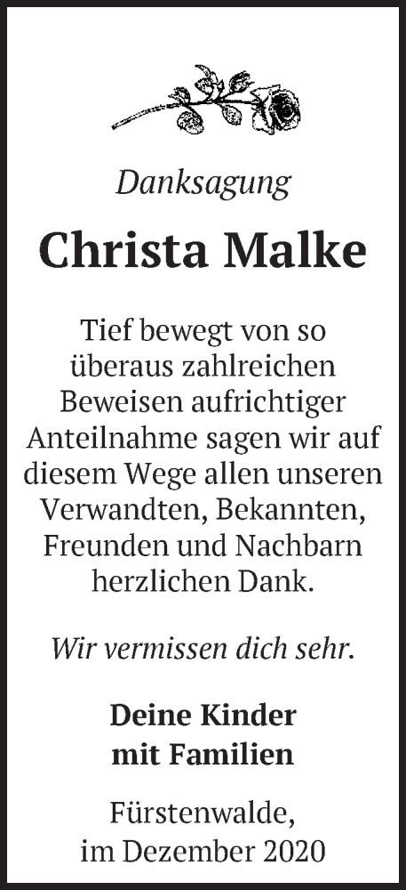  Traueranzeige für Christa Malke vom 05.12.2020 aus Märkische Oderzeitung