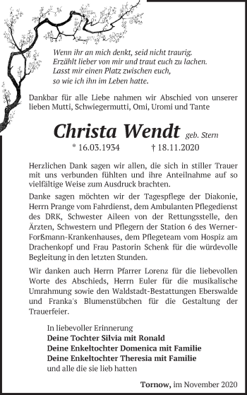 Traueranzeige von Christa Wendt von Märkische Oderzeitung