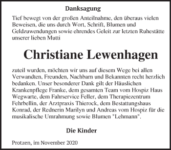 Traueranzeige von Christiane Lewenhagen von Märkische Oderzeitung