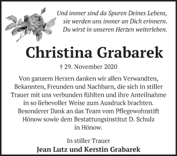 Traueranzeige von Christina Grabarek von Märkische Oderzeitung