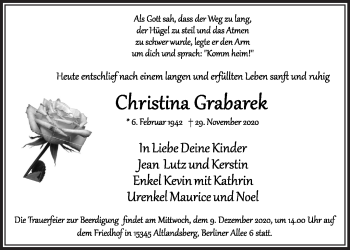 Traueranzeige von Christina Grabarek von Märkische Oderzeitung