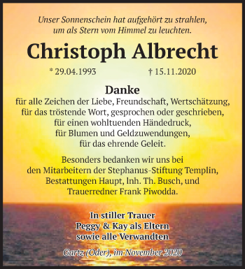 Traueranzeige von Christoph Albrecht von Märkische Oderzeitung