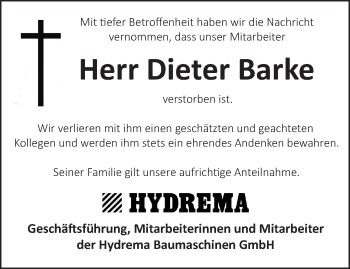 Traueranzeige von Dieter Barke von Märkische Oderzeitung