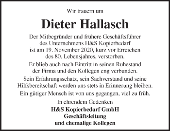 Traueranzeige von Dieter Hallasch von Märkische Oderzeitung