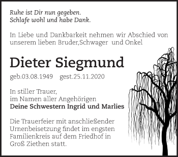 Traueranzeige von Dieter Siegmund von Märkische Oderzeitung