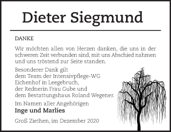 Traueranzeige von Dieter Siegmund von Märkische Oderzeitung