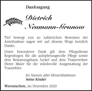 Traueranzeige von Dietrich Neumann-Grunow von Märkische Oderzeitung