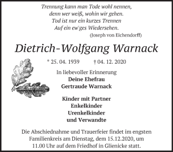 Traueranzeige von Dietrich-Wolfgang Warnack von Märkische Oderzeitung