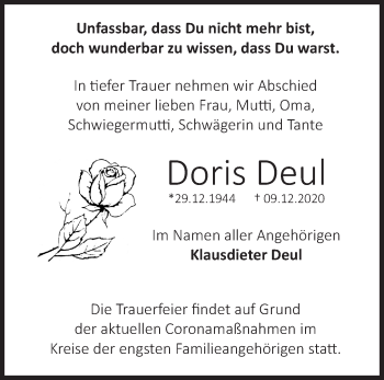 Traueranzeige von Doris Deul von Märkische Oderzeitung