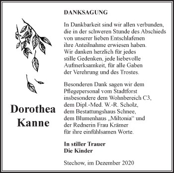 Traueranzeige von Dorothea Kanne von Märkische Oderzeitung