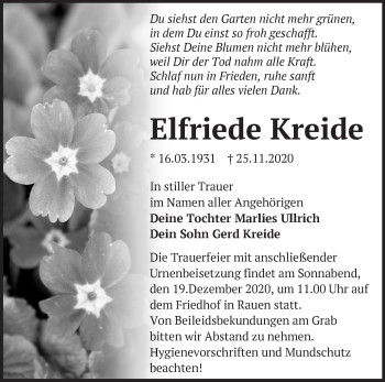 Traueranzeige von Elfriede Kreide von Märkische Oderzeitung