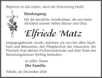 Traueranzeige von Elfriede Matz von Märkische Oderzeitung