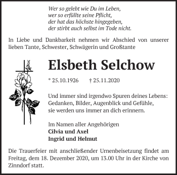 Traueranzeige von Elsbeth Selchow von Märkische Oderzeitung