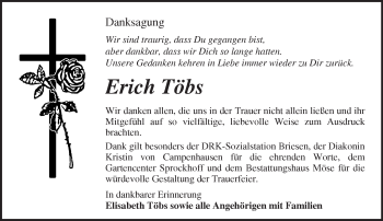 Traueranzeige von Erich Töbs von Märkische Oderzeitung