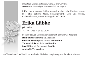 Traueranzeige von Erika Lübke von Märkische Oderzeitung