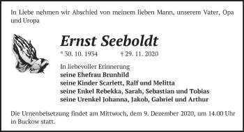 Traueranzeige von Ernst Seeboldt von Märkische Oderzeitung