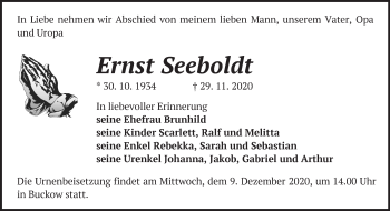 Traueranzeige von Ernst Seeboldt von Märkische Oderzeitung