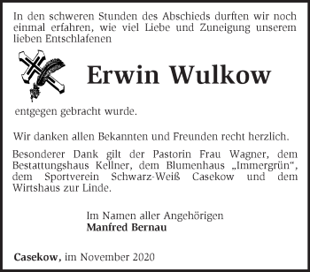 Traueranzeige von Erwin Wulkow von Märkische Oderzeitung