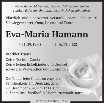 Traueranzeige von Eva-Maria Hamann von Märkische Oderzeitung