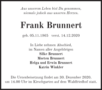 Traueranzeige von Frank Brunnert von Märkische Oderzeitung