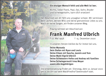 Traueranzeige von Frank Manfred Ulbrich von Märkische Oderzeitung