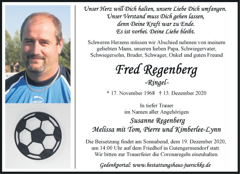  Traueranzeige für Fred Regenberg vom 17.12.2020 aus Märkische Oderzeitung