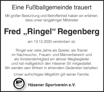 Traueranzeige von Fred Regenberg von Märkische Oderzeitung