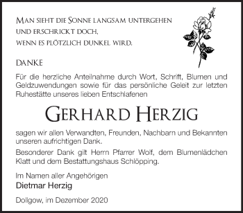 Traueranzeige von Gerhard Herzig von Märkische Oderzeitung