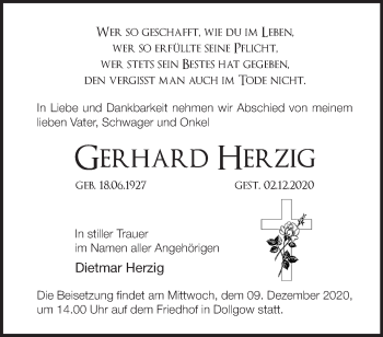 Traueranzeige von Gerhard Herzig von Märkische Oderzeitung