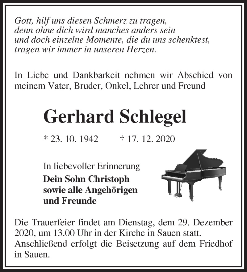  Traueranzeige für Gerhard Schlegel vom 22.12.2020 aus Märkische Oderzeitung