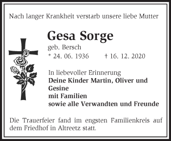 Traueranzeige von Gesa Sorge von Märkische Oderzeitung