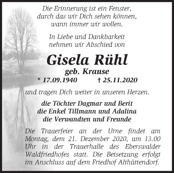 Traueranzeige von Gisela Rühl von Märkische Oderzeitung